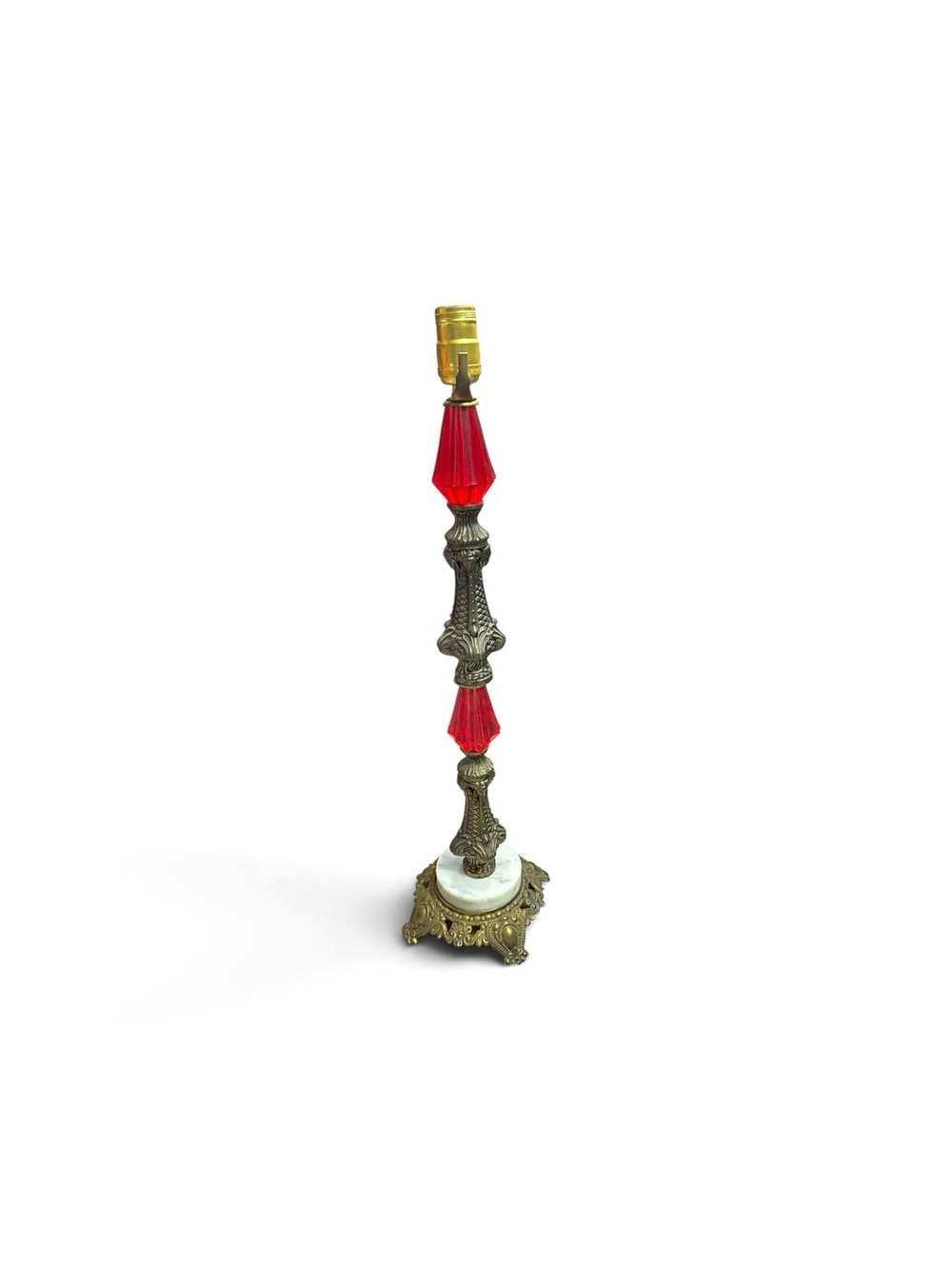Vintage 1960s Hollywood Regency Brass Ram Head Table Lamp Red Lucite Marble Base